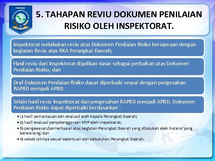 5. TAHAPAN REVIU DOKUMEN PENILAIAN RISIKO OLEH INSPEKTORAT. Inspektorat melakukan reviu atas Dokumen Penilaian
