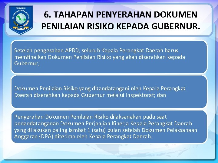 6. TAHAPAN PENYERAHAN DOKUMEN PENILAIAN RISIKO KEPADA GUBERNUR. Setelah pengesahan APBD, seluruh Kepala Perangkat