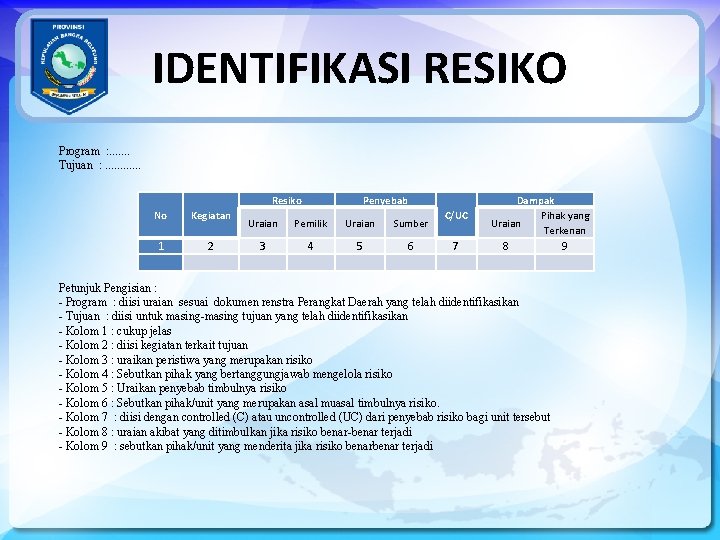 IDENTIFIKASI RESIKO Program : . . . . Tujuan : . . . Resiko