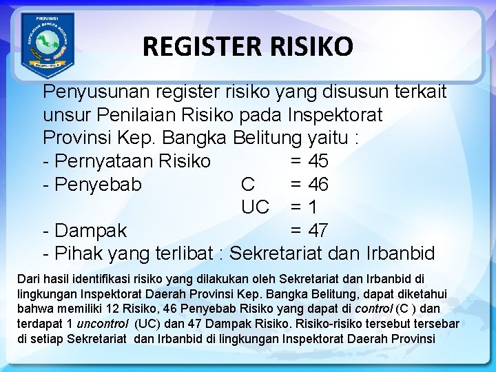 REGISTER RISIKO Penyusunan register risiko yang disusun terkait unsur Penilaian Risiko pada Inspektorat Provinsi