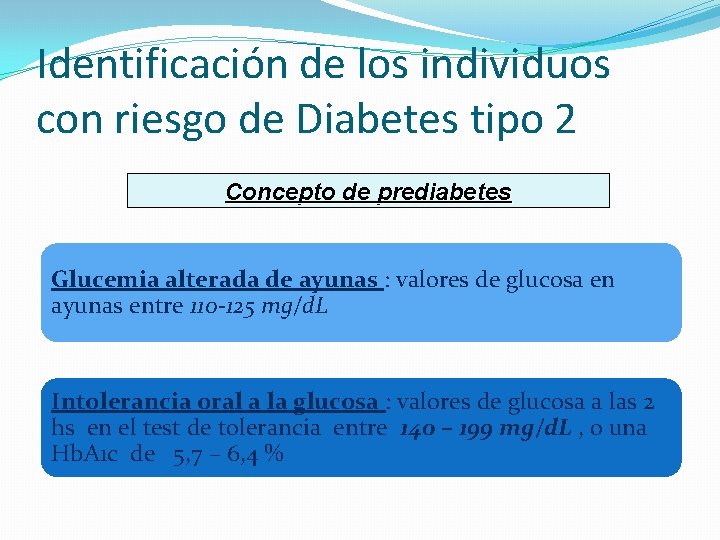 Identificación de los individuos con riesgo de Diabetes tipo 2 Concepto de prediabetes Glucemia