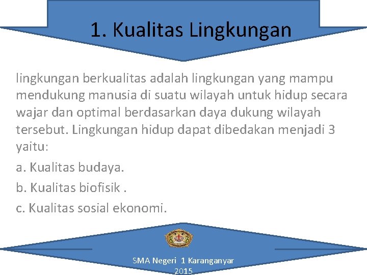 1. Kualitas Lingkungan lingkungan berkualitas adalah lingkungan yang mampu mendukung manusia di suatu wilayah