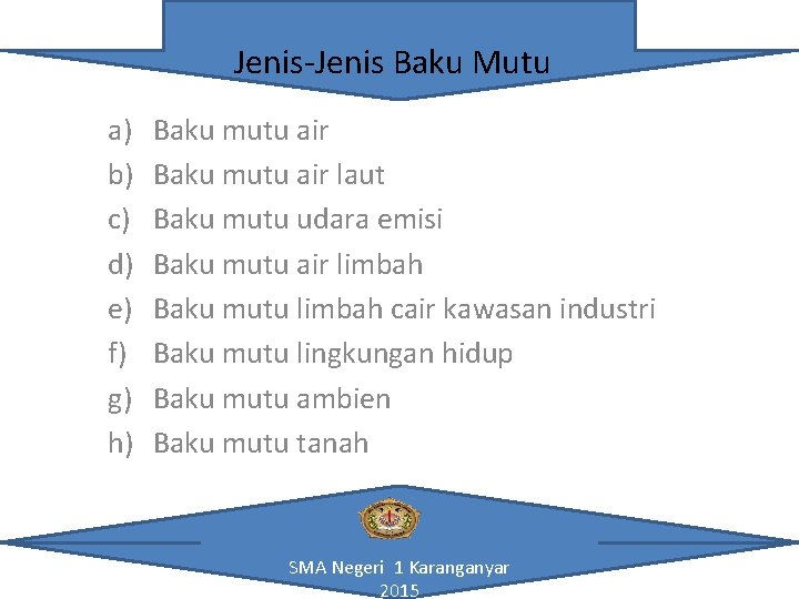 Jenis-Jenis Baku Mutu a) b) c) d) e) f) g) h) Baku mutu air