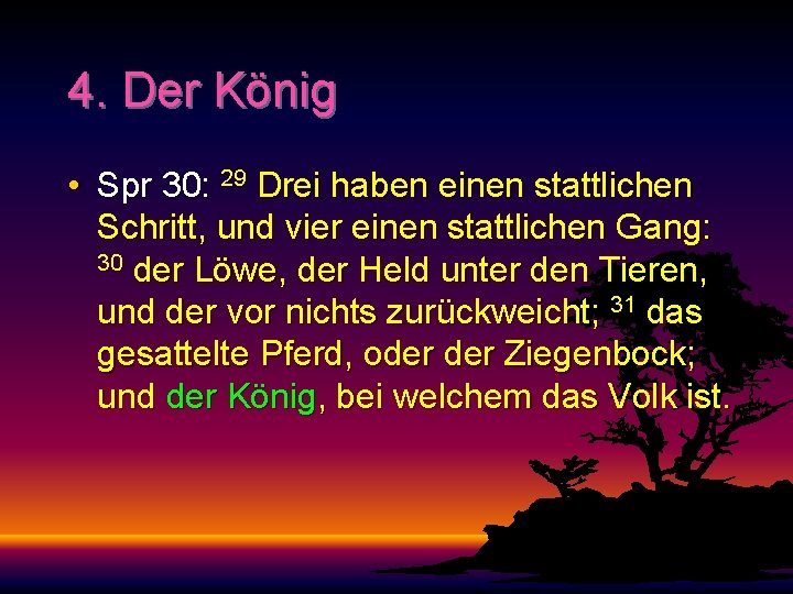 4. Der König • Spr 30: 29 Drei haben einen stattlichen Schritt, und vier