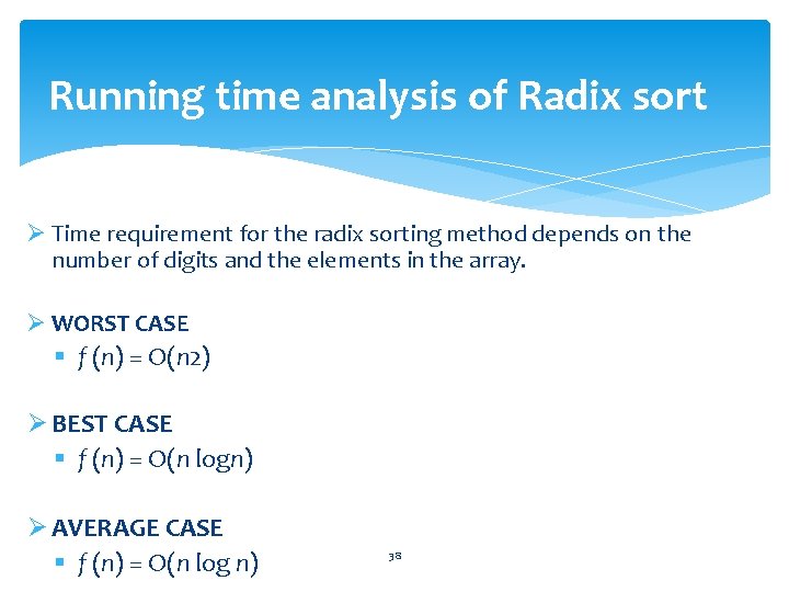 Running time analysis of Radix sort Ø Time requirement for the radix sorting method