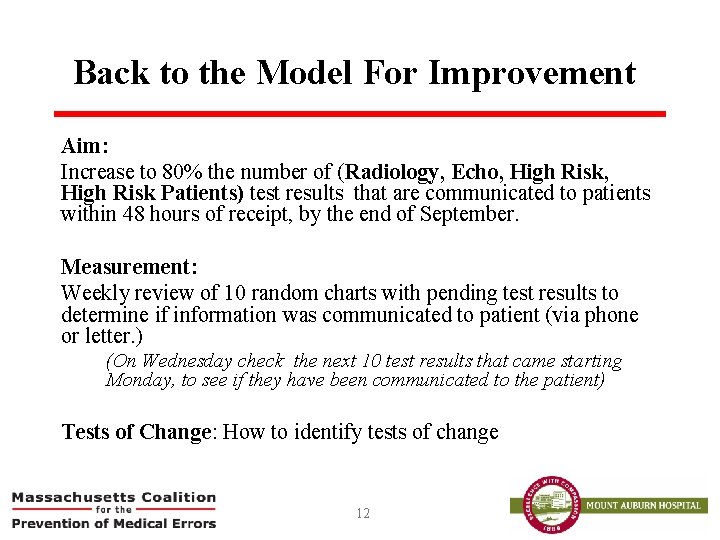 Back to the Model For Improvement Aim: Increase to 80% the number of (Radiology,