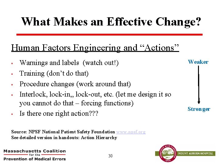 What Makes an Effective Change? Human Factors Engineering and “Actions” § § § Warnings
