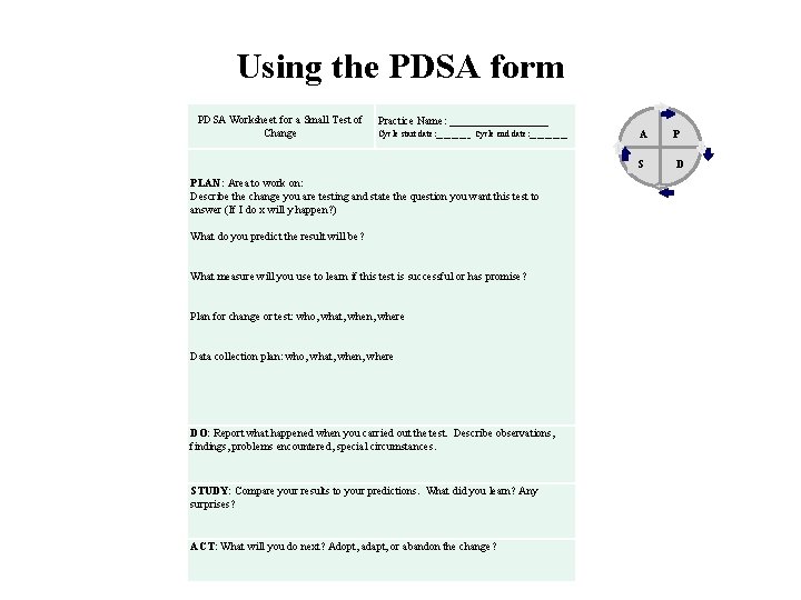 Using the PDSA form PDSA Worksheet for a Small Test of Change Practice Name: