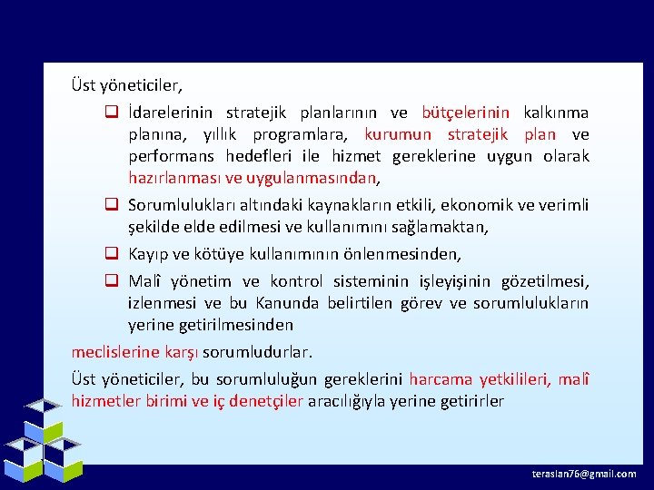 Üst yöneticiler, q İdarelerinin stratejik planlarının ve bütçelerinin kalkınma planına, yıllık programlara, kurumun stratejik