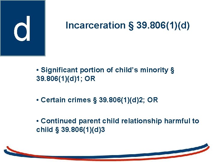 d Incarceration § 39. 806(1)(d) • Significant portion of child’s minority § 39. 806(1)(d)1;