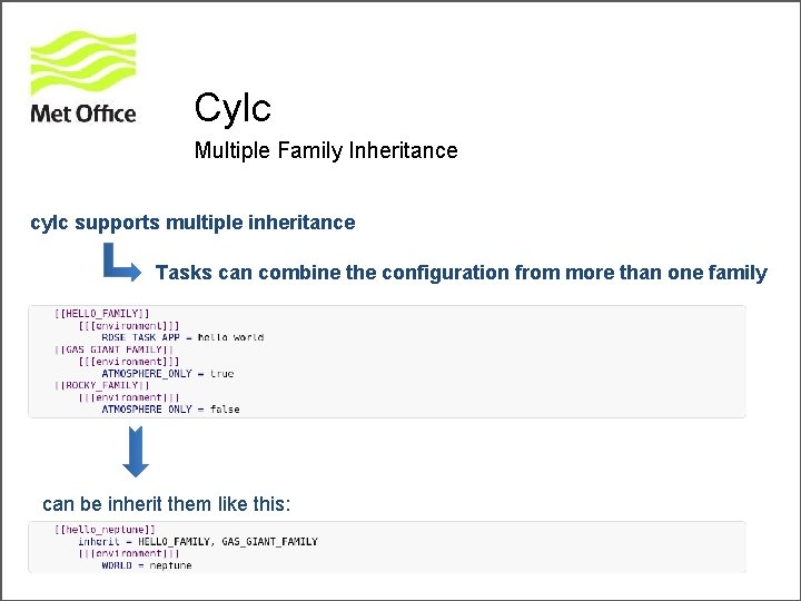Cylc Multiple Family Inheritance cylc supports multiple inheritance Tasks can combine the configuration from