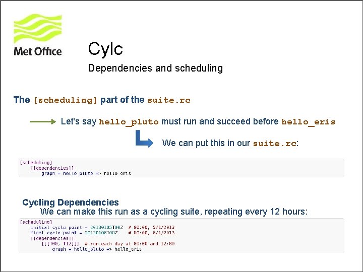 Cylc Dependencies and scheduling The [scheduling] part of the suite. rc Let's say hello_pluto