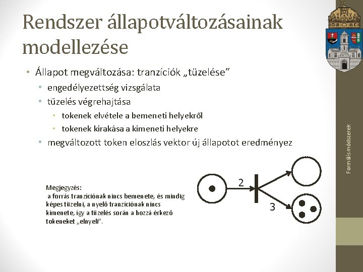 Rendszer állapotváltozásainak modellezése • Állapot megváltozása: tranzíciók „tüzelése” • tokenek elvétele a bemeneti helyekről