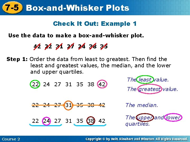 7 -5 Box-and-Whisker Plots Check It Out: Example 1 Use the data to make