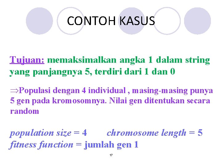 CONTOH KASUS Tujuan: memaksimalkan angka 1 dalam string yang panjangnya 5, terdiri dari 1 CONTOH KASUS Tujuan: memaksimalkan angka 1 dalam string yang panjangnya 5, terdiri dari 1