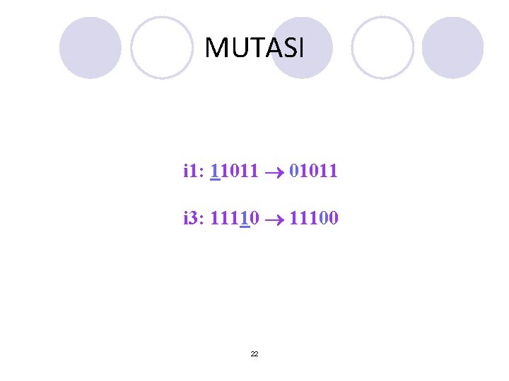 MUTASI i 1: 11011 01011 i 3: 11110 11100 22 MUTASI i 1: 11011 01011 i 3: 11110 11100 22