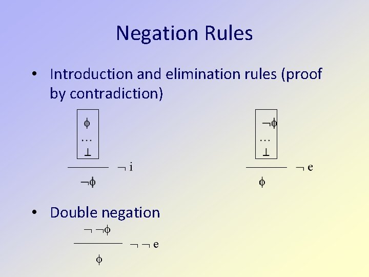 Negation Rules • Introduction and elimination rules (proof by contradiction) • Double negation e