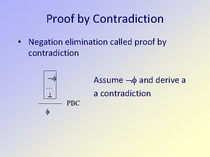 Proof by Contradiction • Negation elimination called proof by contradiction Assume and derive a