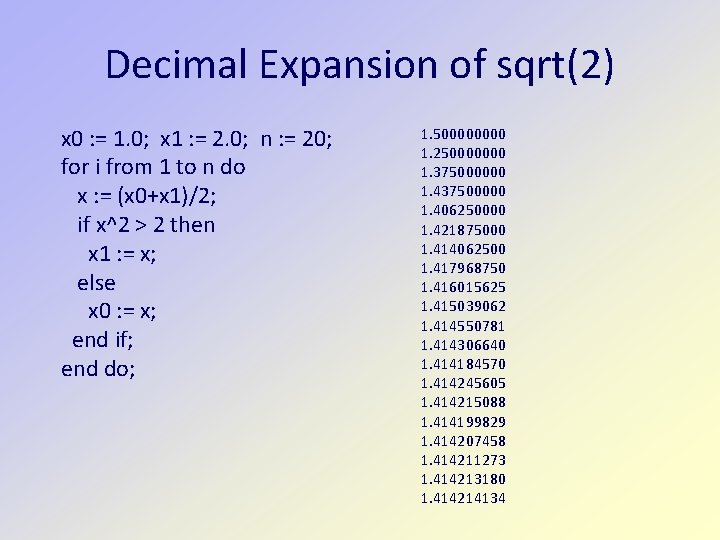 Decimal Expansion of sqrt(2) x 0 : = 1. 0; x 1 : =