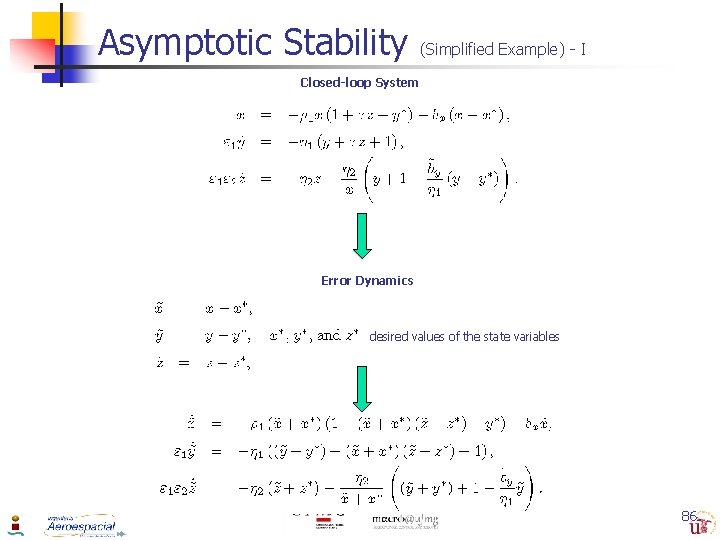 Asymptotic Stability (Simplified Example) - I Closed-loop System Error Dynamics desired values of the