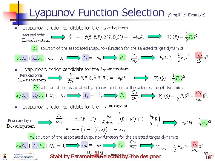 Lyapunov Function Selection n (Simplified Example) Lyapunov function candidate for the Reduced order solution