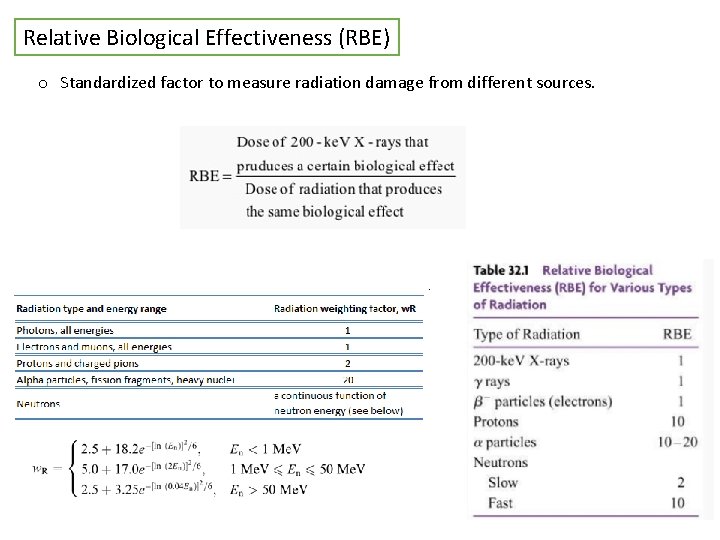 Relative Biological Effectiveness (RBE) o Standardized factor to measure radiation damage from different sources.