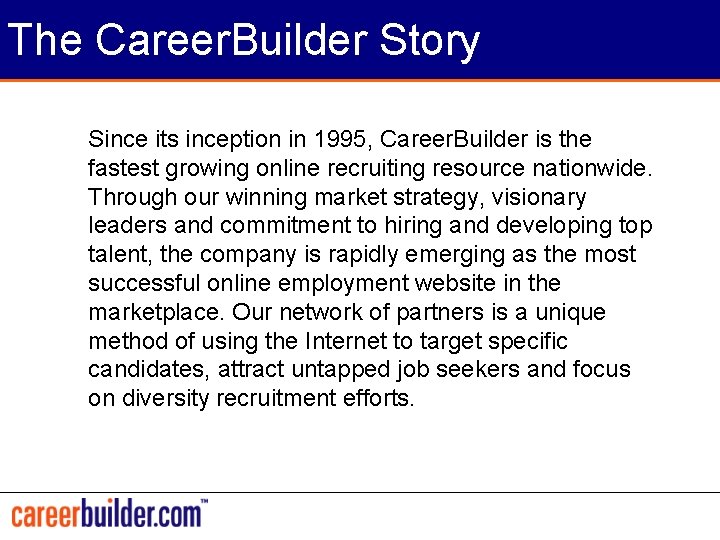 The Career. Builder Story Since its inception in 1995, Career. Builder is the fastest