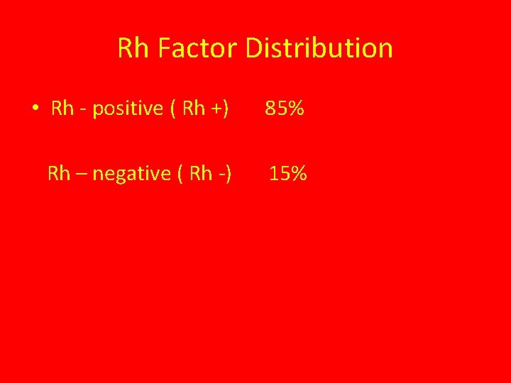 Rh Factor Distribution • Rh - positive ( Rh +) 85% Rh – negative