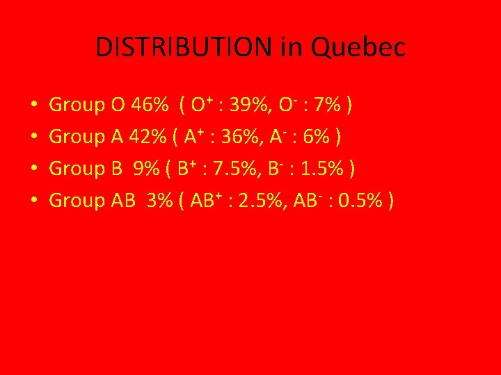 DISTRIBUTION in Quebec • • Group O 46% ( O+ : 39%, O- :