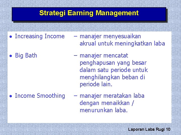 Strategi Earning Management · Increasing Income – manajer menyesuaikan akrual untuk meningkatkan laba · Strategi Earning Management · Increasing Income – manajer menyesuaikan akrual untuk meningkatkan laba ·