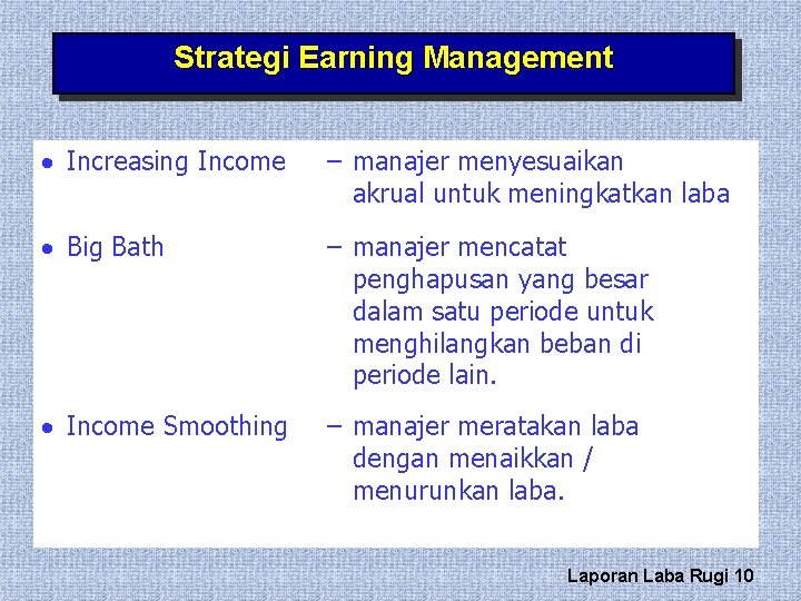 Strategi Earning Management · Increasing Income – manajer menyesuaikan akrual untuk meningkatkan laba ·