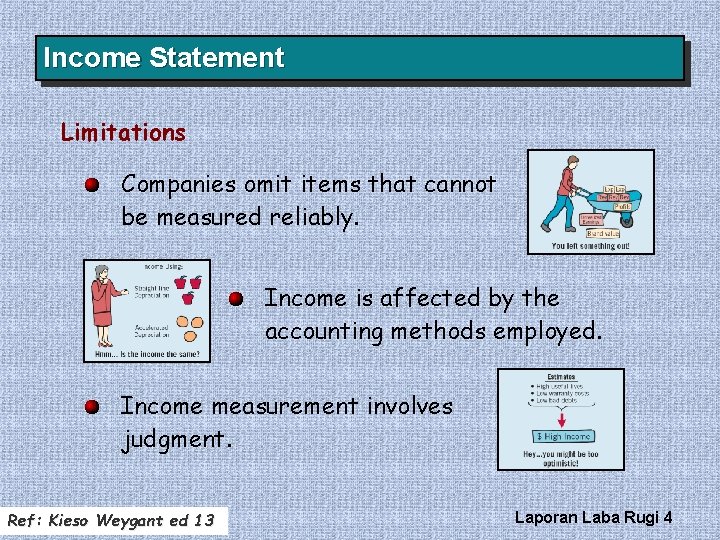 Income Statement Limitations Companies omit items that cannot be measured reliably. Income is affected Income Statement Limitations Companies omit items that cannot be measured reliably. Income is affected