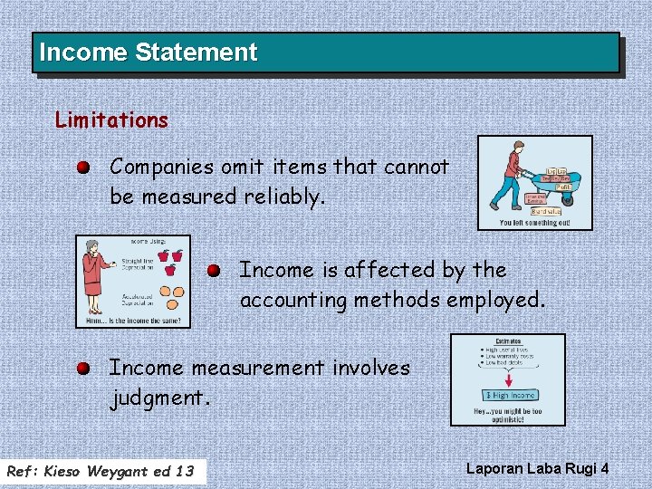 Income Statement Limitations Companies omit items that cannot be measured reliably. Income is affected