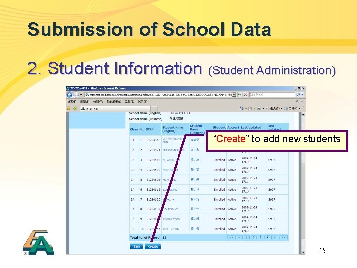 Submission of School Data 2. Student Information (Student Administration) “Create” to add new students