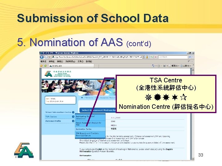 Submission of School Data 5. Nomination of AAS (cont’ (cont d) TSA Centre (全港性系統評估中心)