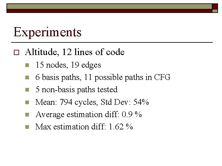 Experiments o Altitude, 12 lines of code n n n 15 nodes, 19 edges Experiments o Altitude, 12 lines of code n n n 15 nodes, 19 edges