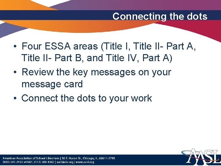 Connecting the dots • Four ESSA areas (Title I, Title II- Part A, Title