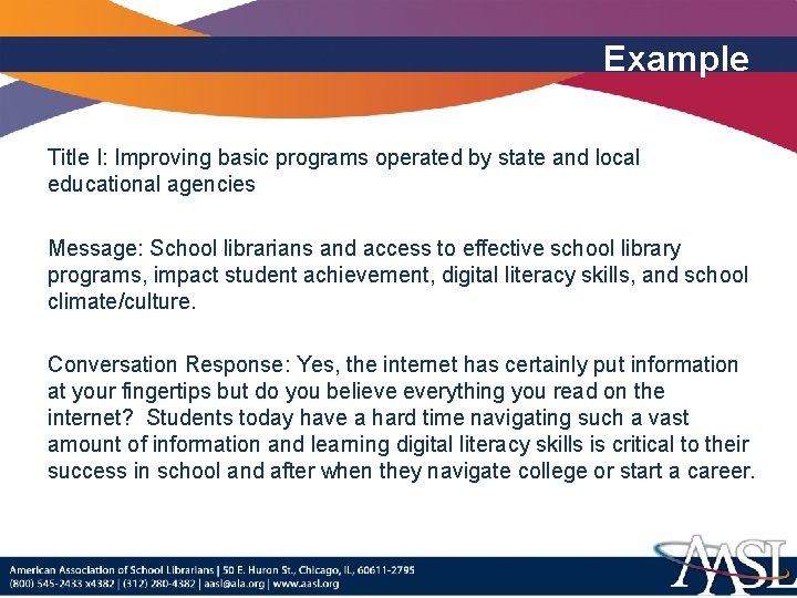 Example Title I: Improving basic programs operated by state and local educational agencies Message: