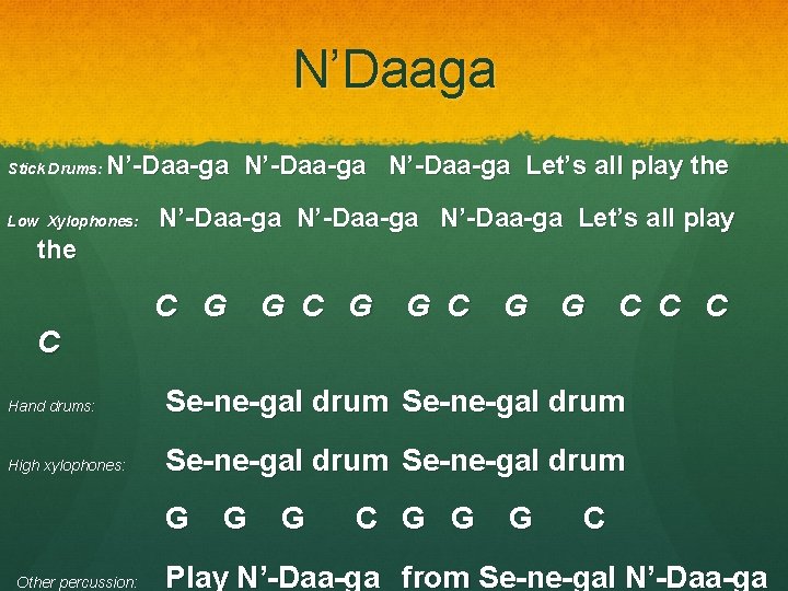 N’Daaga Stick Drums: N’-Daa-ga Let’s all play the Low Xylophones: N’-Daa-ga Let’s all play