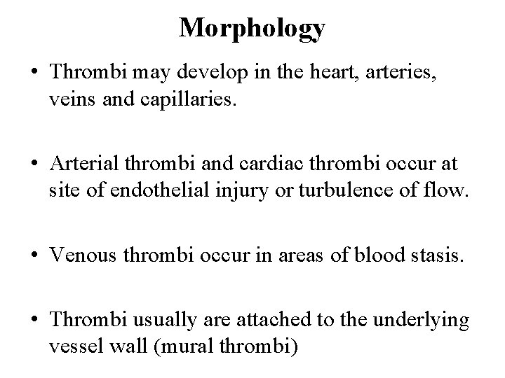 Morphology • Thrombi may develop in the heart, arteries, veins and capillaries. • Arterial