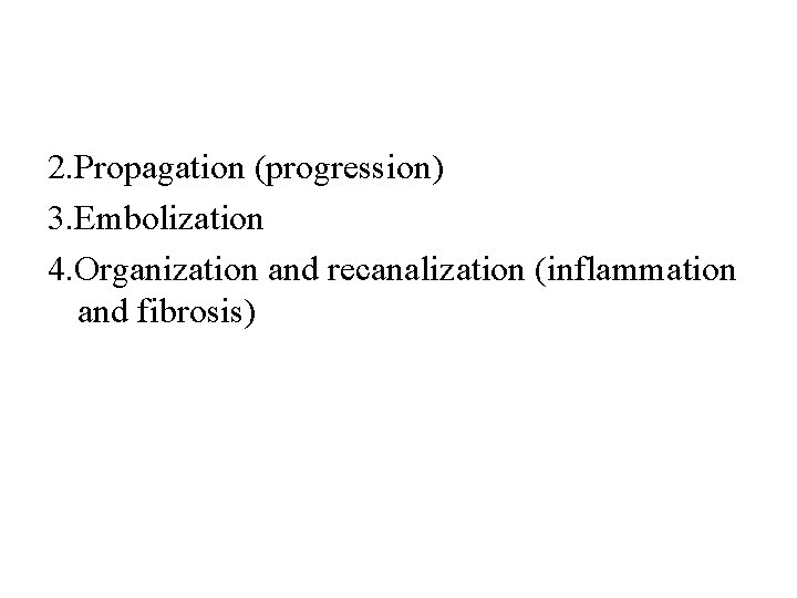 2. Propagation (progression) 3. Embolization 4. Organization and recanalization (inflammation and fibrosis) 