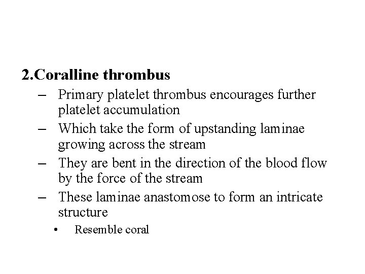 2. Coralline thrombus – Primary platelet thrombus encourages further platelet accumulation – Which take