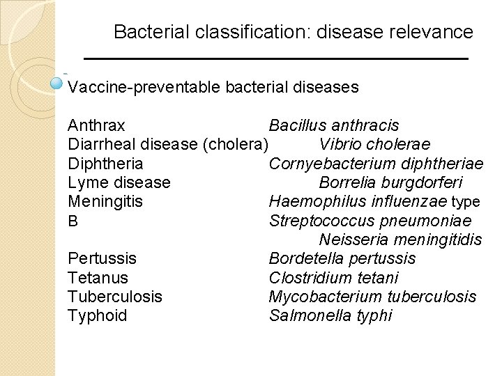 Bacterial classification: disease relevance Vaccine-preventable bacterial diseases Anthrax Bacillus anthracis Diarrheal disease (cholera) Vibrio