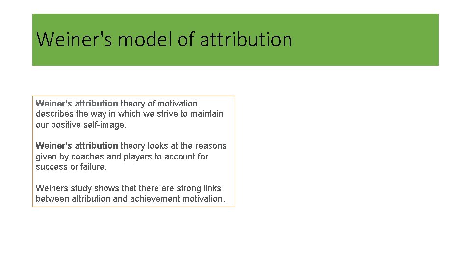 Weiner's model of attribution Weiner's attribution theory of motivation describes the way in which
