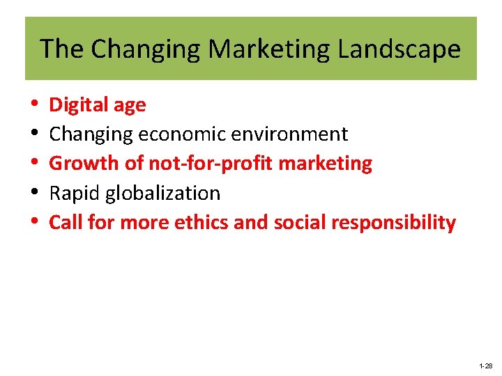 The Changing Marketing Landscape • • • Digital age Changing economic environment Growth of