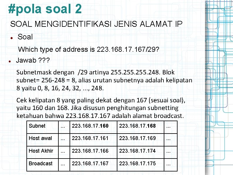 #pola soal 2 SOAL MENGIDENTIFIKASI JENIS ALAMAT IP Soal Which type of address is