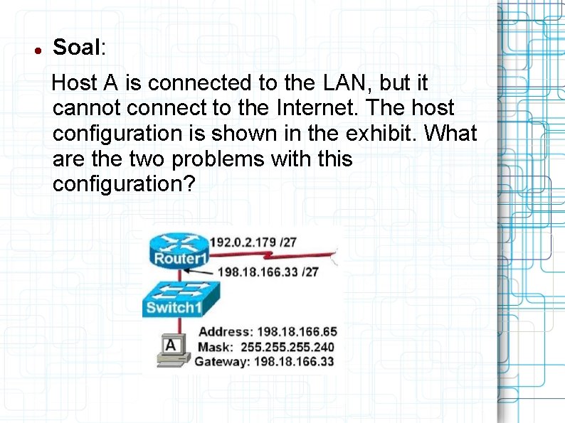  Soal: Host A is connected to the LAN, but it cannot connect to