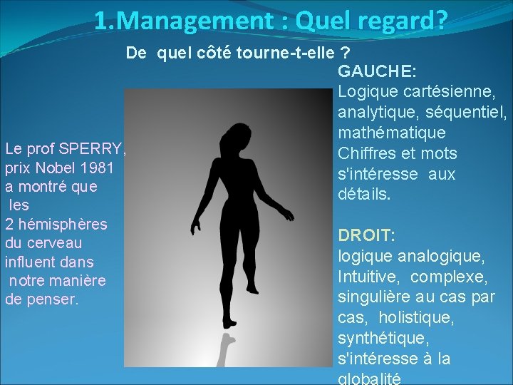 1. Management : Quel regard? De quel côté tourne-t-elle ? GAUCHE: Logique cartésienne, analytique,