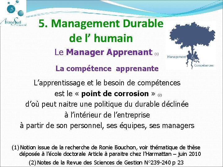 5. Management Durable de l’ humain Le Manager Apprenant (1) La compétence apprenante L’apprentissage