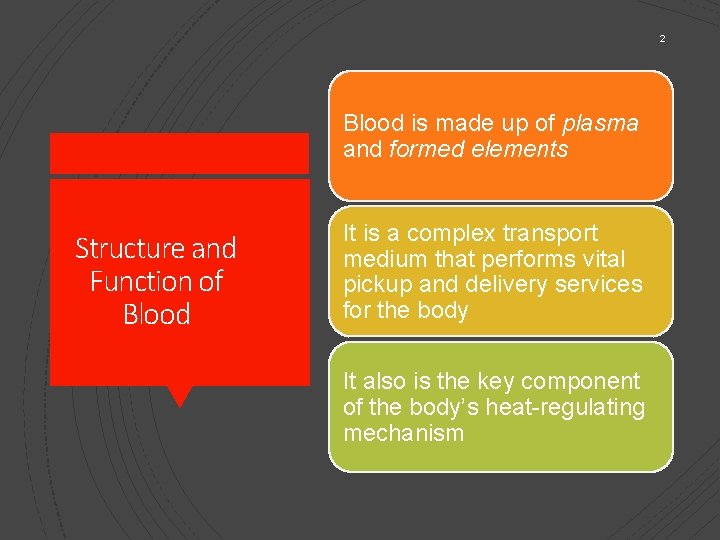 2 Blood is made up of plasma and formed elements Structure and Function of